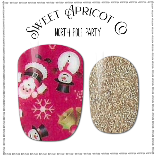 North Pole Party Nail Wraps - Santa and Frosty Design with Gold Glitter Accents