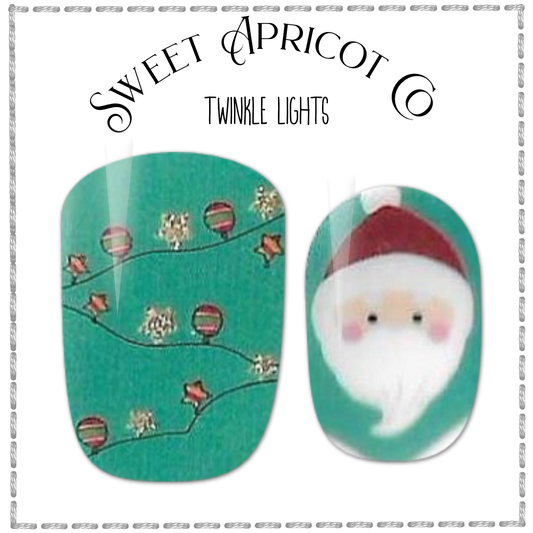 Twinkle Lights Nail Wraps - Sweet Santa Design on Aqua