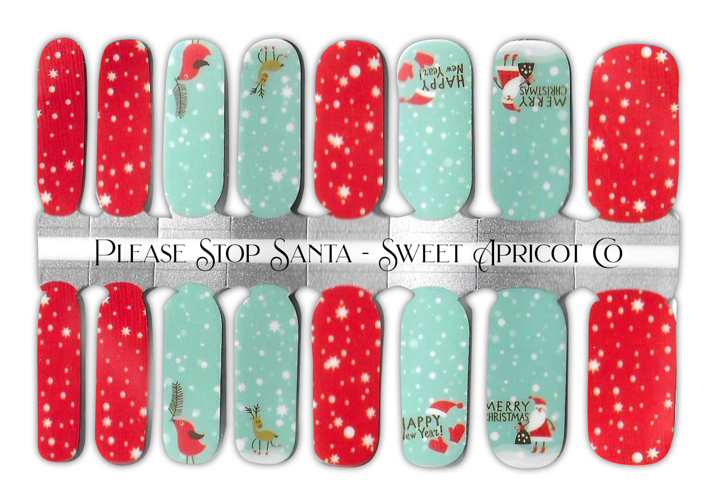 Please Stop Santa Nail Wraps - Darling Red and Aqua Design