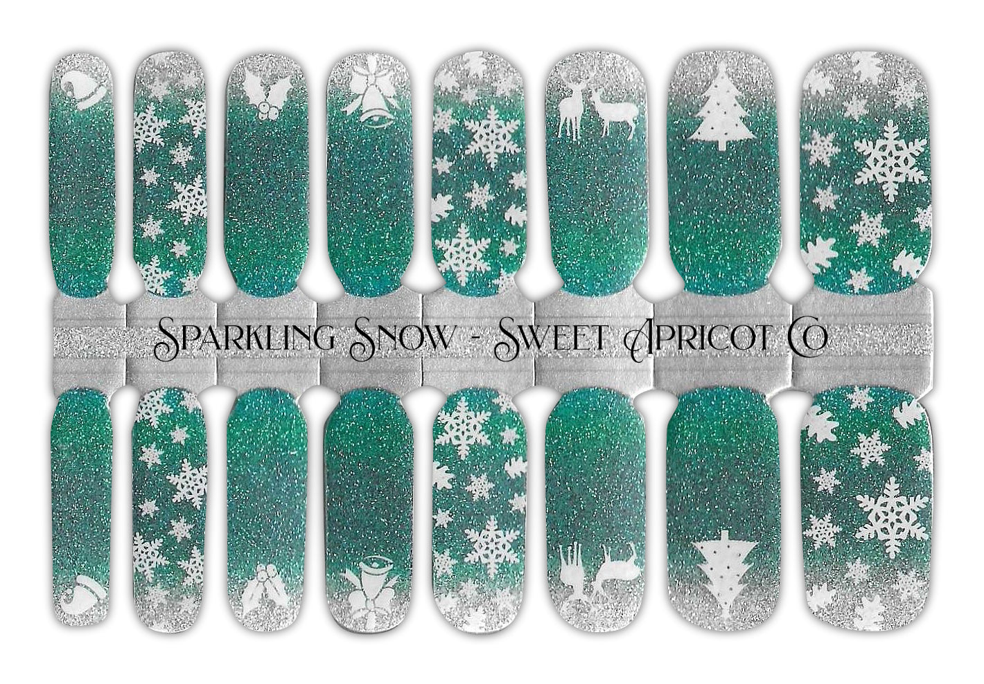 Sparkling Snow Nail Wraps - Silver and Green Glitter Christmas Design