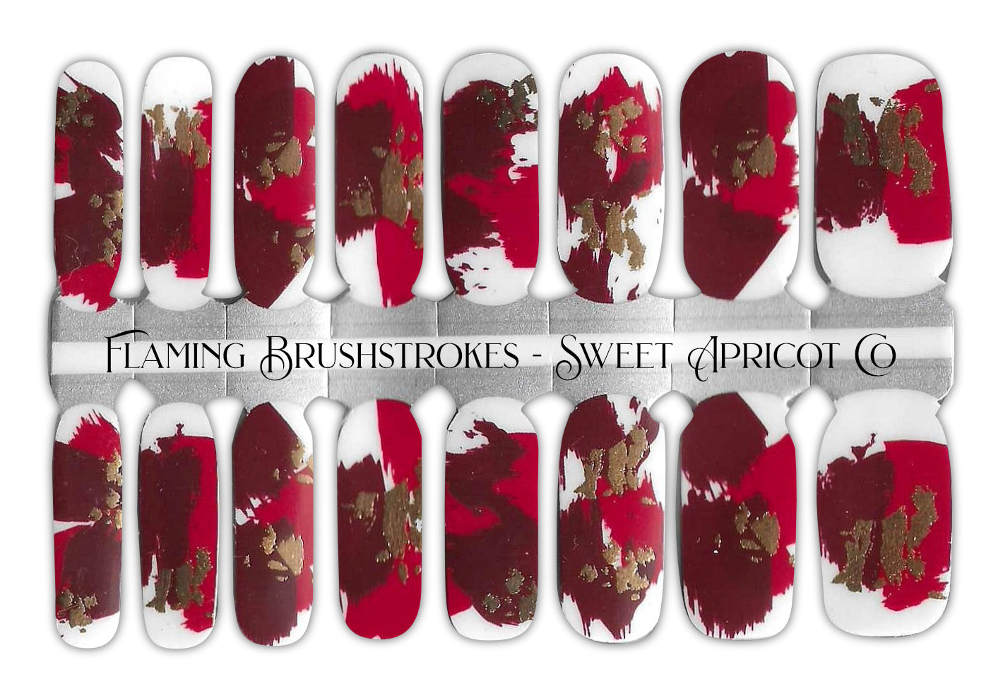 Flaming Brushstroke Nail Wraps - Red, Burgundy, Gold Foil and Transparent Design