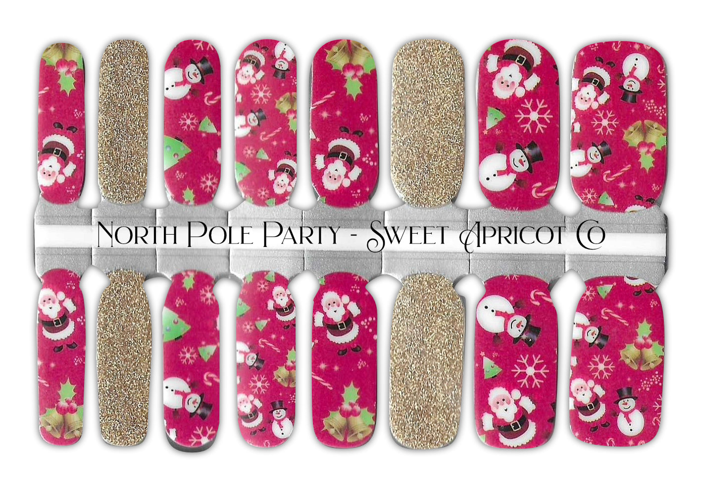 North Pole Party Nail Wraps - Santa and Frosty Design with Gold Glitter Accents