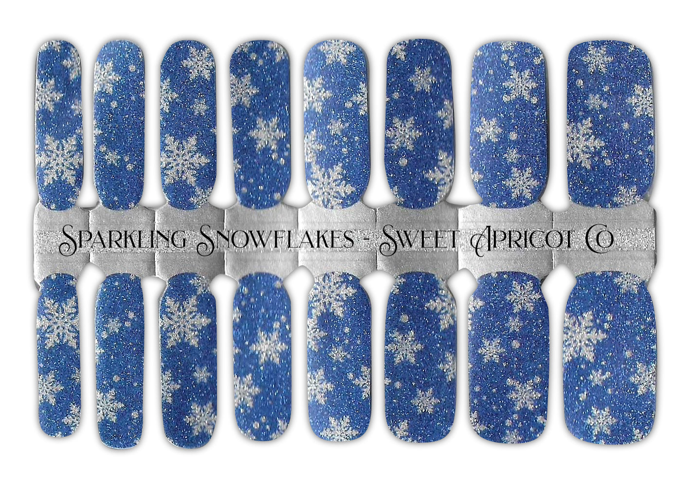 Blue Glitter Background silver glitter snowflakes - 16 piece set of nail wraps