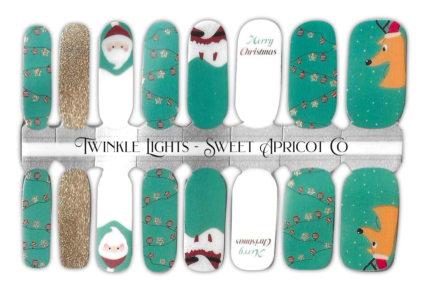 Twinkle Lights Nail Wraps - Sweet Santa Design on Aqua